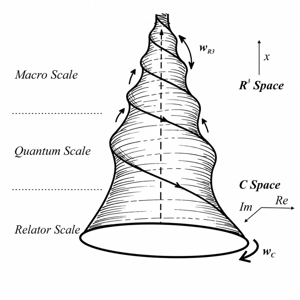 Relator Theory foundation diagram showing the proposed progression from Relator scale in C-space through quantum scale to macro-scale R³ space